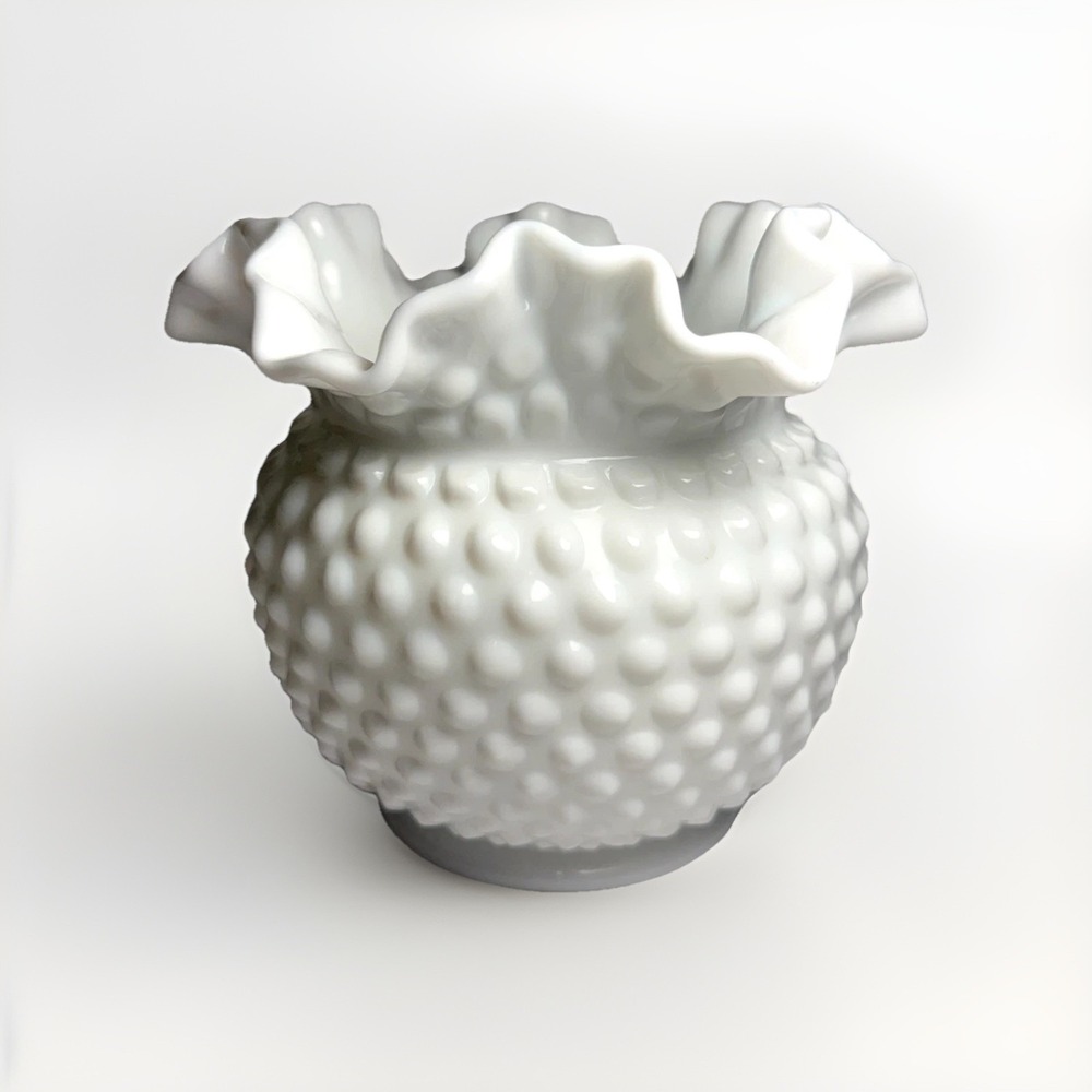 Vintage Large Fenton Milk Glass Hobnail Vase Rose Bowl Ruffled Edge 5" Tall